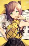  1girl bare_shoulders black_skirt bracelet breasts brown_hair commentary_request eyebrows_visible_through_hair fingernails green_eyes hand_up jewelry looking_at_viewer medium_breasts nail_polish original oshio_(dayo) parted_lips short_hair skirt solo yellow_nails 