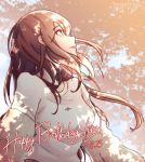  1girl absurdres angerykacchan artist_name bang_dream! blouse brown_hair dappled_sunlight dated earrings english green_eyes happy_birthday highres imai_lisa jewelry long_hair looking_up outdoors parted_lips solo sunlight twitter_username upper_body white_blouse 