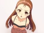  1girl arms_behind_back bare_shoulders bow brown_eyes brown_hair collarbone commentary forehead hairband idolmaster idolmaster_(classic) long_hair looking_at_viewer looking_up minase_iori open_mouth pink_hairband solo yamakan_(anking) 