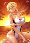  1girl ahoge artoria_pendragon_(all) artoria_pendragon_(lancer) bangs bare_shoulders beach braid breasts cleavage closed_mouth covered_navel eyelashes fate/grand_order fate_(series) french_braid green_eyes hair_between_eyes high_heels highres hips horizon large_breasts long_hair looking_at_viewer ocean one-piece_swimsuit sakiyamama sandals sidelocks sitting smile solo sunlight swept_bangs swimsuit tan tanline thigh_strap thighs two-tone_swimsuit wariza white_swimsuit 