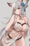  1girl animal_ears arm_behind_back bangs bare_shoulders blue_eyes blunt_bangs blush breasts choker cleavage closed_mouth collarbone cowboy_shot dated erune eyebrows_visible_through_hair granblue_fantasy grey_background hair_ornament head_tilt jewelry korwa large_breasts light_smile long_hair looking_at_viewer mimelond navel sidelocks silver_hair simple_background smile solo stomach thighs twitter_username 