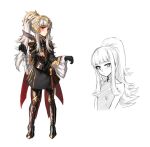  1girl armor athenawyrm cape crown fire_emblem fire_emblem_heroes gloves grey_hair hair_ornament long_hair looking_at_viewer open_mouth ponytail red_eyes simple_background smile solo veronica_(fire_emblem) 