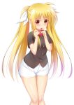  1girl bangs black_shirt blonde_hair blush box breasts closed_mouth commentary_request eyebrows_visible_through_hair fate_testarossa fingernails gift gift_box hair_between_eyes hair_ribbon hand_up heart-shaped_box highres holding holding_gift long_hair lyrical_nanoha mahou_shoujo_lyrical_nanoha red_eyes ribbon shirt short_shorts short_sleeves shorts sidelocks simple_background small_breasts smile solo twintails very_long_hair white_background white_ribbon white_shorts zuizhong 