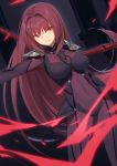  1girl bodysuit breasts chiiio covered_navel dual_wielding eyebrows_visible_through_hair fate/grand_order fate_(series) gae_bolg hair_intakes highres holding holding_weapon large_breasts lightning long_hair pauldrons pillar polearm purple_bodysuit purple_hair red_eyes scathach_(fate)_(all) scathach_(fate/grand_order) shoulder_armor spear weapon 