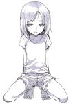  1girl absurdres bare_legs barefoot full_body highres kneeling looking_at_viewer medium_hair open_mouth original parted_lips shirt short_shorts short_sleeves shorts simple_background sketch solo toenails white_background yamamoto_souichirou 