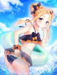  1girl abigail_williams_(fate/grand_order) bare_arms bare_shoulders bikini black_bikini black_bow blonde_hair blue_eyes blue_sky blush bow closed_mouth clouds commentary_request day double_bun emerald_float fate/grand_order fate_(series) fingernails foreign_blue green_innertube highres innertube long_hair looking_at_viewer looking_to_the_side orange_bow outdoors polka_dot polka_dot_bow side_bun sidelocks sky solo standing swimsuit transparent wading water 