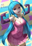  1girl :d absurdres artist_name bangs blue_hair blunt_bangs blurry blurry_background breasts cleavage collarbone commentary dress elbow_gloves english_commentary gloves hands_up highres long_hair looking_at_viewer me!me!me! medium_breasts meme_(me!me!me!) open_mouth pink_dress pointing pointing_at_self purple_gloves sasoura smile solo teeth very_long_hair violet_eyes 