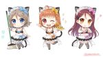  3girls :o ;d ahoge animal_ears arm_up back_bow bangs bikini_top black_bikini_top black_legwear blue_bow blue_eyes blush bow braid broom brown_eyes cat_ears cat_hair_ornament cat_tail chibi choker commentary_request food frilled_bikini_top garters grey_hair hair_bow hair_ornament heart heart_hair_ornament heart_hands holding holding_broom holding_plate looking_at_viewer love_live! love_live!_sunshine!! maid_bikini multiple_girls omurice one_eye_closed open_mouth orange_hair over-kneehighs pink_bow plate red_eyes redhead ribbon_trim round_teeth sakurai_makoto_(custom_size) sakurauchi_riko side_braid simple_background skirt smile sparkle star tail takami_chika teeth thigh-highs twitter_username upper_teeth watanabe_you white_background wrist_cuffs yellow_bow 