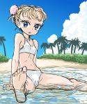  1girl beach blonde_hair blue_eyes bun_cover chrono_cross clouds commentary_request double_bun looking_at_viewer marcy_(chrono_cross) ocean outdoors s-a-murai short_hair sky solo swimsuit tree water 