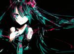  1girl black_background blue_eyes detached_sleeves eyebrows_visible_through_hair floating_hair green_hair hair_between_eyes hatsune_miku highres long_hair looking_at_viewer nyakkunn parted_lips sketch smile solo twintails upper_body very_long_hair vocaloid 