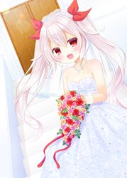  1girl :d azur_lane bangs bare_shoulders blue_dress blush bouquet breasts bridal_veil collarbone commentary_request door dress eyebrows_visible_through_hair fang flower hair_between_eyes hair_ribbon highres holding holding_bouquet jewelry long_hair looking_at_viewer necklace open_mouth pink_flower pink_rose pyonko_(pyonko_pyonko) red_eyes red_flower red_ribbon red_rose ribbon rose see-through silver_hair small_breasts smile solo stairs stone_stairs strapless strapless_dress twintails vampire_(azur_lane) veil very_long_hair yellow_flower yellow_rose 