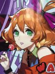  blonde_hair bow candy earrings food freyja_wion green_eyes hair_bow heart highres jewelry lipstick lollipop looking_at_viewer macross macross_delta makeup multicolored_hair nail_polish official_art orange_hair two-tone_hair 
