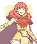  1girl adricarra armor bandage bandaged_arm bandages breastplate cape celica_(fire_emblem) dress fire_emblem fire_emblem_echoes:_mou_hitori_no_eiyuuou fire_emblem_gaiden fire_emblem_heroes highres long_hair open_mouth pelvic_curtain red_eyes redhead shoulder_armor simple_background sleeveless solo twitter_username 