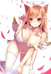  1girl amahara_pekozaemon animal_ears bikini bikini_pull blush breasts brown_eyes brown_hair cleavage halo hand_up highres kneeling large_breasts long_hair looking_at_viewer navel parted_lips petals shadowverse smile solo swimsuit thigh-highs untied untied_bikini wet white_legwear wings 