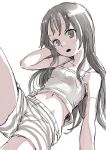  1girl :o @_@ absurdres bare_shoulders blush boyshorts breasts camisole grey_eyes grey_hair hand_up highres midriff navel open_mouth original simple_background sketch small_breasts solo white_background yamamoto_souichirou 