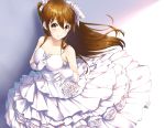  1girl bangs bare_shoulders blush breasts brown_eyes brown_hair cleavage closed_mouth collarbone commentary_request dress elbow_gloves eyebrows_visible_through_hair flower gloves hair_between_eyes highres jewelry layered_dress medium_breasts ogiso_setsuna pleated_dress ring rose sleeveless sleeveless_dress smile solo wakuta_chisaki wedding_band wedding_dress white_album_2 white_dress white_flower white_gloves white_rose 