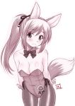  1girl animal_ears arms_behind_back bare_shoulders blush bow bowtie breasts bunny_day cleavage closed_mouth copyright_request covered_navel detached_collar ebifly extra_ears eyebrows_visible_through_hair fishnet_pantyhose fishnets hairband leaning_forward leotard long_hair looking_at_viewer medium_breasts monochrome pantyhose ponytail side-tie_leotard simple_background smile solo standing tail white_background wrist_cuffs 