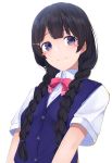  absurdres bangs black_hair blue_vest blush blush_stickers bow bowtie braid buttons closed_mouth collared_shirt commentary_request eyebrows_visible_through_hair hair_ornament hair_over_shoulder hair_tie hairclip highres long_hair looking_at_viewer nijisanji nishinomiya_suzu pink_bow pink_neckwear shirt short_sleeves simple_background smile tsukino_mito twin_braids upper_body very_long_hair vest violet_eyes white_background white_shirt 