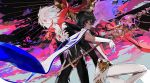  2boys arjuna_(fate/grand_order) black_bodysuit black_eyes black_hair blue_eyes bodysuit cape capelet dark_skin eyeshadow fate/grand_order fate_(series) gloves holding holding_weapon jewelry karna_(fate) makeup mo_(mocopo) multiple_boys necklace pale_skin pants standing symbol_commentary weapon white_capelet white_gloves white_hair white_pants 