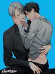  2boys artist_name black_hair blue_background brown_eyes closed_eyes collared_shirt formal gearous highres jewelry katsuki_yuuri male_focus multiple_boys necktie open_mouth ring shirt silver_hair sitting sitting_on_lap sitting_on_person smile suit viktor_nikiforov yaoi yuri!!!_on_ice 