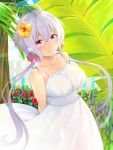  1girl :d ahoge alternate_costume arms_behind_back bare_arms bare_shoulders blush breasts bush clouds cloudy_sky collarbone day dress dutch_angle fence flower hair_between_eyes hair_flower hair_ornament hibiscus highres large_breasts leaf lens_flare long_hair looking_at_viewer low_twintails ocean open_mouth orange_flower palm_tree panties red_flower ribbon see-through senki_zesshou_symphogear shiny shiny_hair silver_hair sky sleeveless sleeveless_dress smile solo sundress tree twintails underbust underwear very_long_hair violet_eyes white_dress white_panties white_ribbon wooden_fence yukine_chris yuzuriha_(active_homing) 