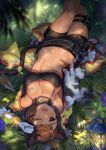  1girl animal animal_ears arms_up belt black_shorts breasts brown_hair cat cat_ears cat_tail cleavage commentary_request crop_top dark_skin fang gijang gloves holster lantern leaf looking_at_viewer lying medium_breasts midriff nature navel on_back on_ground one_eye_closed open_mouth outdoors red_eyes sdorica_-sunset- short_hair shorts stomach tail tearing_up thigh_holster thigh_strap upper_teeth upside-down white_gloves 