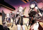  3girls absurdres ahoge bare_shoulders black_hair blue_eyes bow braid breasts bronya_zaychik cleavage closed_mouth detached_collar drill_hair dual_wielding elbow_gloves eyebrows_visible_through_hair gloves gun hair_between_eyes hair_bow hair_ornament hairband highres holding holding_gun holding_sword holding_weapon honkai_impact huge_filesize kiana_kaslana long_hair looking_at_viewer medium_breasts multiple_girls nosuku raiden_mei silver_hair sky star_(sky) starry_sky sunset sword thigh-highs twin_braids twin_drills twintails violet_eyes weapon 
