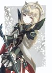  1girl armor black_armor black_gloves cape closed_mouth crown fire_emblem fire_emblem_heroes gloves grey_hair hair_ornament highres long_hair long_sleeves miroia red_eyes shoulder_armor solo veronica_(fire_emblem) 