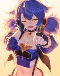  1girl :d bandaid bandaid_on_nose black_gloves blue_hair blush breasts cleavage commentary_request crop_top detached_sleeves fang fingerless_gloves fist_bump flower gloves gradient gradient_background hair_flower hair_ornament izumi_sai large_breasts looking_at_viewer midriff navel one_eye_closed open_mouth orange_eyes pov smile solo sunflower suspenders tears twintails upper_body wiping_tears yellow_background 
