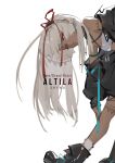  1girl altera_(fate) alternate_costume alternate_hairstyle baggy_clothes bangs bare_legs bare_shoulders black_footwear closed_mouth dark_skin fate/extella fate/extra fate/grand_order fate_(series) hair_ribbon hand_on_own_knee head_tilt highres jacket legs long_hair looking_at_viewer red_eyes red_ribbon ribbon shenq simple_background socks solo tan white_background white_hair 