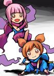  2girls ana_(warioware) brown_eyes child dai-erie highres kat katana looking_at_viewer multiple_girls ninja open_mouth orange_hair ponytail purple_hair scarf short_twintails siblings sisters smile sword three-point_landing twintails warioware weapon 