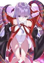  1girl absurdres bare_shoulders bb_(fate)_(all) bb_(fate/extra_ccc) bb_(swimsuit_mooncancer)_(fate) black_coat breasts fate/grand_order fate_(series) gloves gluteal_fold highleg highleg_leotard highres horns knees_together large_breasts leotard long_hair looking_at_viewer popped_collar purple_hair smile solo takubon_(xewh4773) thigh_gap violet_eyes white_gloves white_leotard 