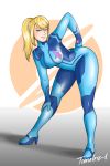  1girl blonde_hair blue_bodysuit blue_eyes bodysuit breasts commentary full_body high_ponytail highres hips impossible_bodysuit impossible_clothes large_breasts long_hair looking_at_viewer metroid mole nintendo ponytail samus_aran skin_tight smile solo symbol thighs timeless-t tumblr zero_suit 