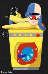1boy bald bubble commentary_request dr._crygor facial_hair hand_on_own_cheek heinzlike jumpsuit lying male_focus mustache on_side poking pose smile solo twitter_username warioware washing_machine