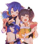  2girls :d ahoge bandaid bandaid_on_nose bangs bare_shoulders black_gloves black_ribbon blue_hair blush brown_hair closed_eyes commentary_request copyright_request crepe eyebrows_visible_through_hair facing_viewer fang fingerless_gloves flower food food_on_face gloves hair_flower hair_ornament hair_ribbon highres holding izumi_sai midriff multiple_girls navel open_mouth ribbon round_teeth short_hair side_ponytail simple_background smile standing sunflower suspenders teeth twintails white_background 
