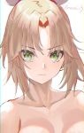  1girl absurdres artist_name blonde_hair breasts cleavage collarbone eyebrows_visible_through_hair fate/apocrypha fate_(series) green_eyes highres looking_at_viewer maoushiori3 mordred_(fate) mordred_(fate)_(all) portrait short_hair simple_background sketch small_breasts solo white_background 