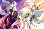  2girls ahoge armor armored_boots armored_dress banner black_gloves blonde_hair boots breasts detached_sleeves dress fate/grand_order fate_(series) floating_hair fur_trim gloves headpiece holding holding_sword holding_weapon jeanne_d&#039;arc_(alter)_(fate) jeanne_d&#039;arc_(fate) jeanne_d&#039;arc_(fate)_(all) large_breasts long_hair midriff multiple_girls navel navel_cutout purple_dress rukinya_(nyanko_mogumogu) sideboob silver_hair sleeveless sleeveless_dress sparkle standing stomach sword thigh-highs very_long_hair weapon white_dress yellow_eyes 