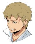  1boy blonde_hair collared_shirt commentary_request copyright_request enami_katsumi fang green_eyes grin highres male_focus popped_collar scar shirt simple_background smile solo white_background white_shirt 