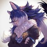  1girl animal_ears blue_hair breasts dire_wolf_(kemono_friends) hair_over_eyes highres kemono_friends large_breasts long_hair looking_away multicolored_hair solo takami_masahiro two-tone_hair upper_body white_hair wolf_ears 