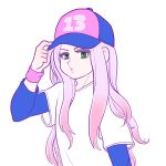  13-amp 1girl :o artist_request baseball_cap eyelashes gradient_hair green_eyes hat lips long_hair looking_at_viewer multicolored_hair parted_lips simple_background solo uneven_eyes very_long_hair warioware white_background wristband 