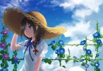  1girl ahoge alternate_costume bangs blue_eyes blue_ribbon blue_sky braid clouds day dress flower hair_over_shoulder hair_ribbon hand_on_headwear hat kantai_collection kiuzu_(ko_kiu2) long_hair looking_away morning_glory neck_ribbon outdoors ribbon shigure_(kantai_collection) sidelocks single_braid sky straw_hat upper_body 