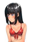  1girl :i bare_shoulders bikini black_hair blue_bikini blue_eyes blush breasts cleavage closed_mouth commentary_request embarrassed eyebrows_visible_through_hair h_kasei long_hair looking_away medium_breasts original pout red_ribbon ribbon simple_background solo swimsuit upper_body white_background 