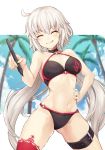  1girl absurdres bikini black_bikini blue_sky blurry breasts closed_eyes clouds depth_of_field fate/apocrypha fate/grand_order fate_(series) hand_on_hip highres jeanne_d&#039;arc_(alter)_(fate) jeanne_d&#039;arc_(alter_swimsuit_berserker) jeanne_d&#039;arc_(fate) jeanne_d&#039;arc_(fate)_(all) large_breasts long_hair o-ring o-ring_bikini o-ring_bottom o-ring_top palm_tree samoore silver_hair sky smile solo stylus swimsuit thigh-highs tree tsurime white_hair yellow_eyes 