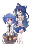  2girls alternate_hairstyle blue_hair blush closed_eyes cosplay debt drill_hair hair_brush highres hinanawi_tenshi keystone mr._sauce multiple_girls rope shimenawa sitting touhou yorigami_jo&#039;on yorigami_jo&#039;on_(cosplay) yorigami_shion 