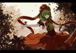  1girl autumn_leaves braid brown_shirt day front_braid green_hair hair_ribbon hat highres kagiyama_hina leaf long_hair long_skirt maple_leaf outdoors outstretched_arms red_hat red_ribbon red_skirt ribbon shirt short_sleeves skirt snozaki solo standing touhou 