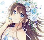  1girl bangs bare_shoulders blue_eyes blue_flower blush brown_hair closed_mouth collarbone commentary dress eyebrows_visible_through_hair fingernails flower hair_between_eyes hair_ornament head_tilt highres jewelry long_hair looking_at_viewer nail_art original pendant rose sakura_oriko sleeveless sleeveless_dress smile solo strap_slip symbol_commentary very_long_hair water_drop white_background white_dress white_flower white_rose 