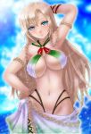  1girl armpits bangs bikini blonde_hair blue_background blue_eyes blush boken_fantasy bracelet braid breasts cleavage closed_mouth commentary commentary_request hair_between_eyes hand_on_hip highres hips jewelry long_hair looking_at_viewer medium_breasts navel ocean side-tie_bikini smile sofia_luna_canales solo soukai_no_privateer standing swimsuit towel very_long_hair 
