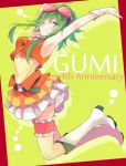  1girl ;d akiyoshi_(tama-pete) anniversary armpits arms_up bangs bare_arms bare_shoulders belt blush boots character_name fingernails frame frilled_skirt frills full_body goggles goggles_on_head green_background green_eyes green_hair green_nails grin gumi happy jumping leg_garter looking_at_viewer nail_polish number one_eye_closed open_mouth red_background shirt short_hair short_hair_with_long_locks simple_background skirt sleeveless sleeveless_shirt smile solo teeth thighs two-tone_background v vocaloid white_footwear wrist_cuffs 