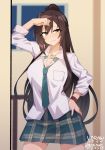  1girl bangs blue_neckwear blue_skirt blurry blurry_background breast_pocket brown_eyes brown_hair closed_mouth collared_shirt contrapposto cowboy_shot dated depth_of_field eyebrows_visible_through_hair hand_on_hip hand_up highres idolmaster idolmaster_shiny_colors indoors long_hair long_sleeves looking_at_viewer necktie pleated_skirt pocket ponytail popped_collar shirase_sakuya shirt skirt smile solo tilt-shift twitter_username very_long_hair wing_collar wristband 