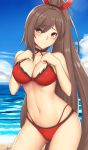  1girl arciealbano azur_lane bangs bare_shoulders bikini blue_sky blush breasts brown_eyes brown_hair cleavage closed_mouth collarbone eyeliner hair_ornament highres hips large_breasts long_hair looking_at_viewer makeup navel ocean ponytail red_bikini sky smile solo swept_bangs swimsuit thighs very_long_hair waist wet zuikaku_(azur_lane) 